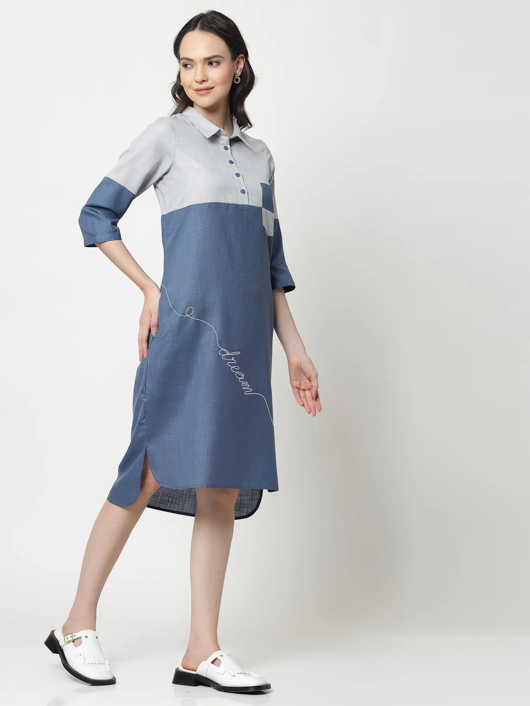 Blue Double Colour Dress With Embroidery
