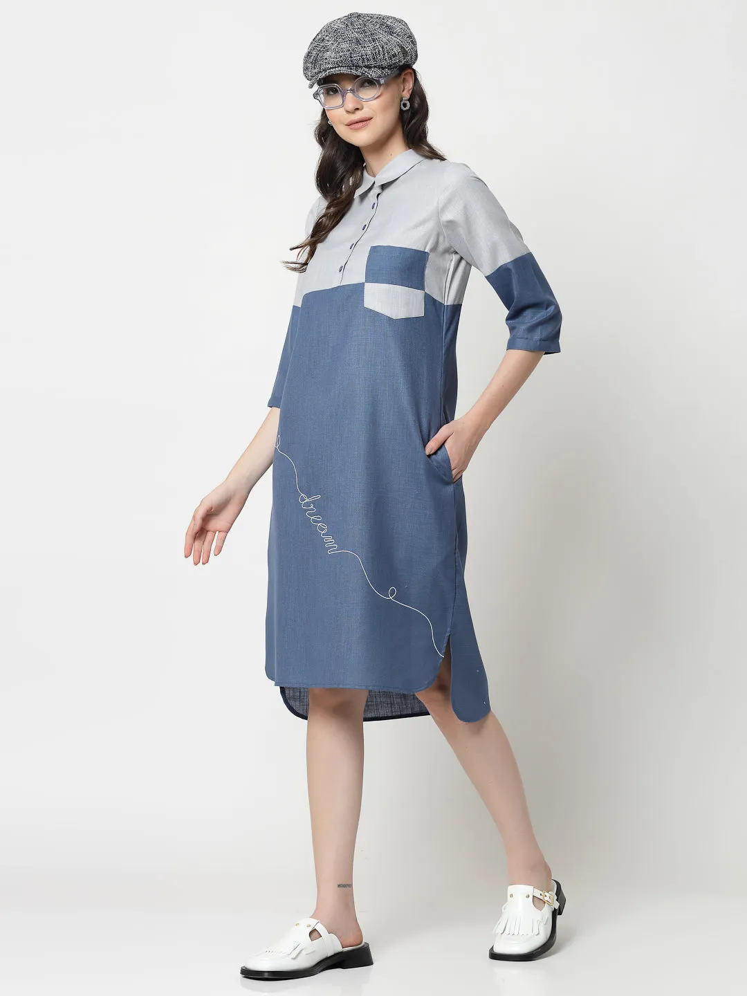 Blue Double Colour Dress With Embroidery