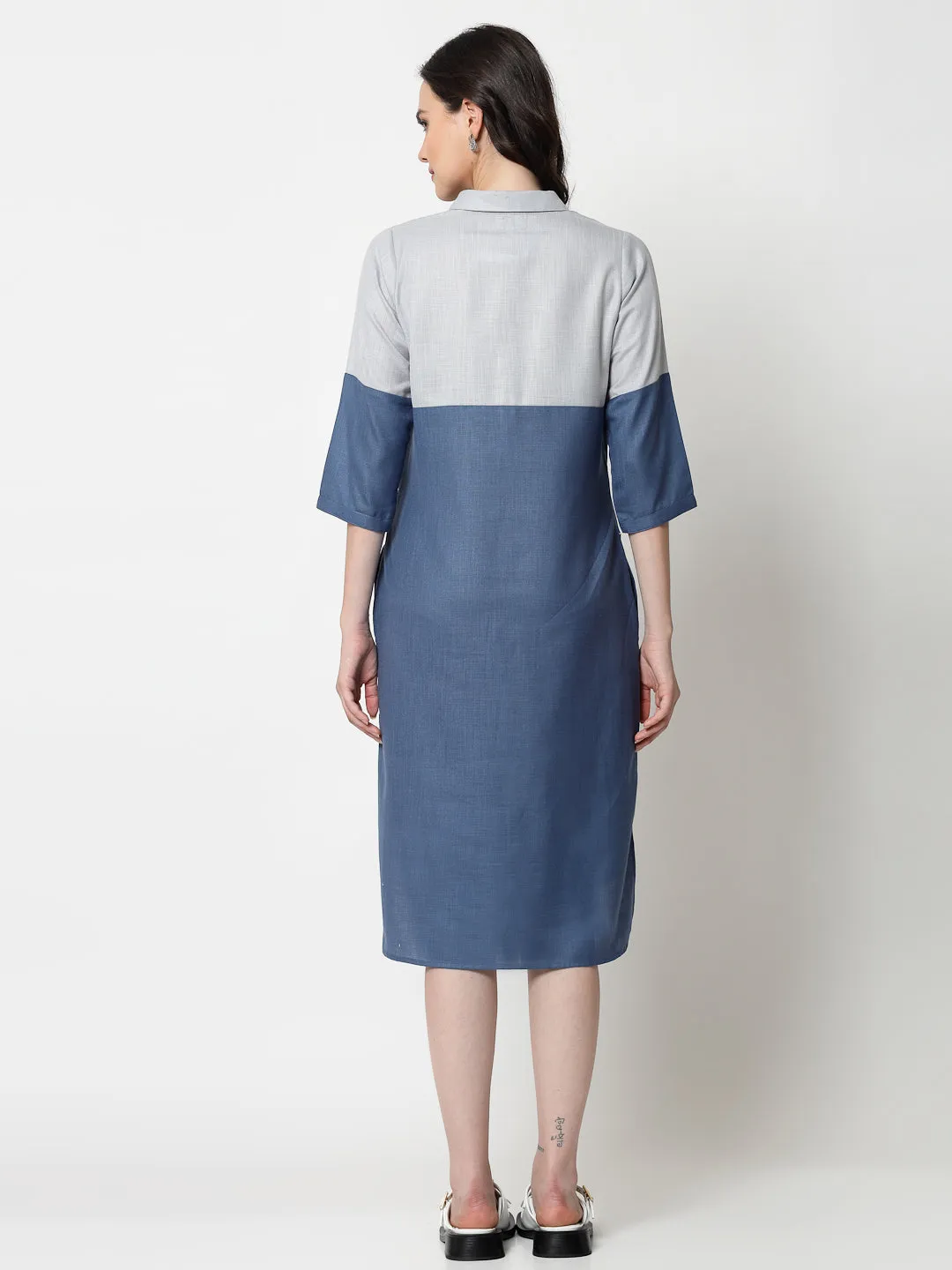 Blue Double Colour Dress With Embroidery