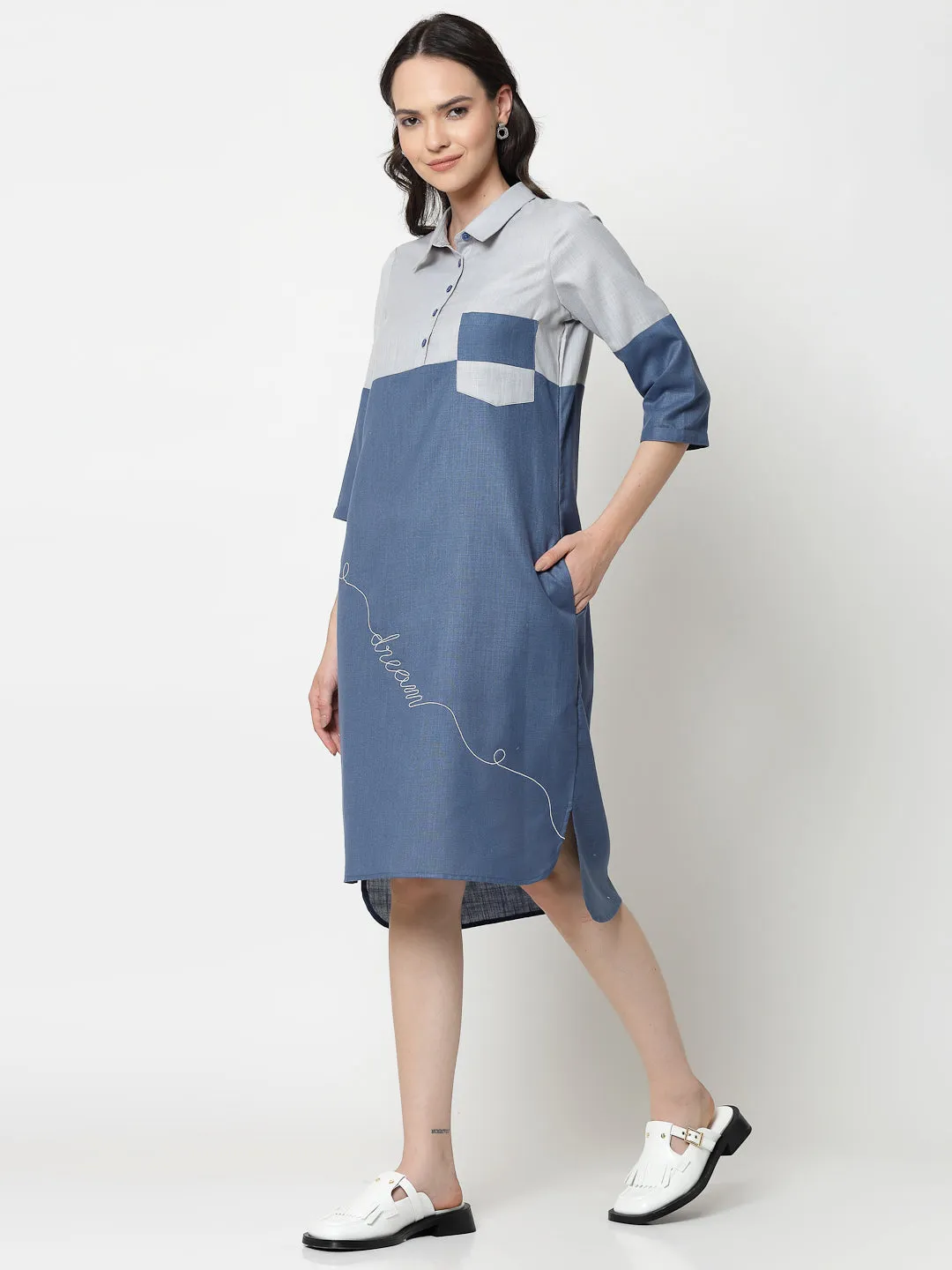 Blue Double Colour Dress With Embroidery