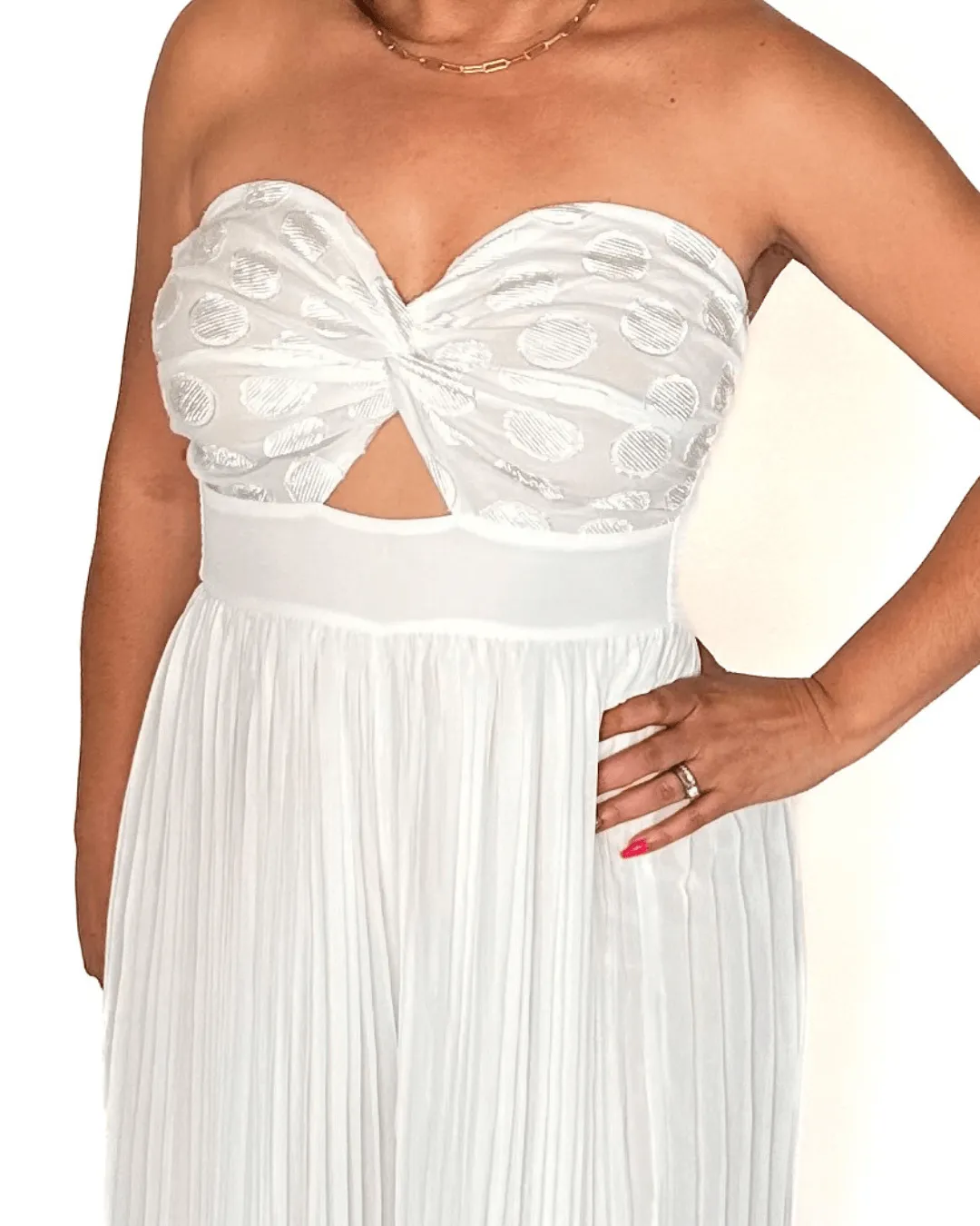 Women’s White Pleated Strapless Woven Jumpsuit