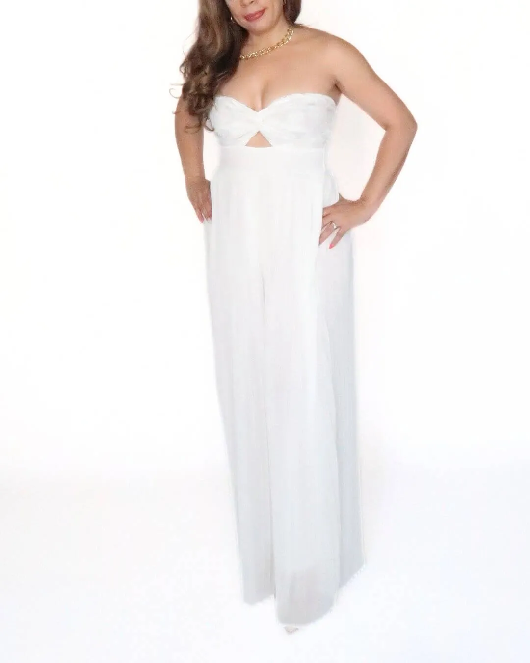Women’s White Pleated Strapless Woven Jumpsuit
